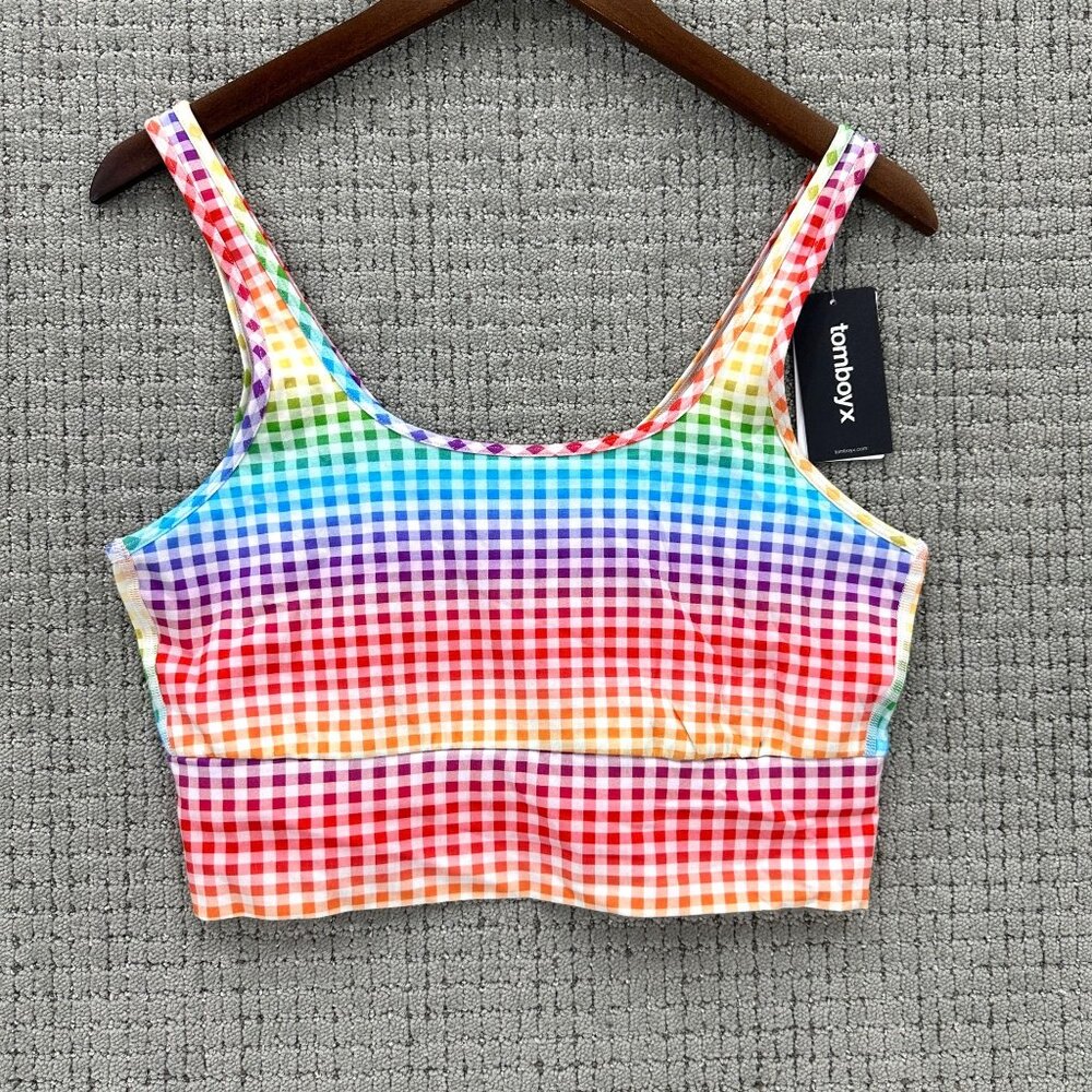 Tomboyx Top Womens Size XL Multi Sleeveless Longline Bralette Rainbow Gingham